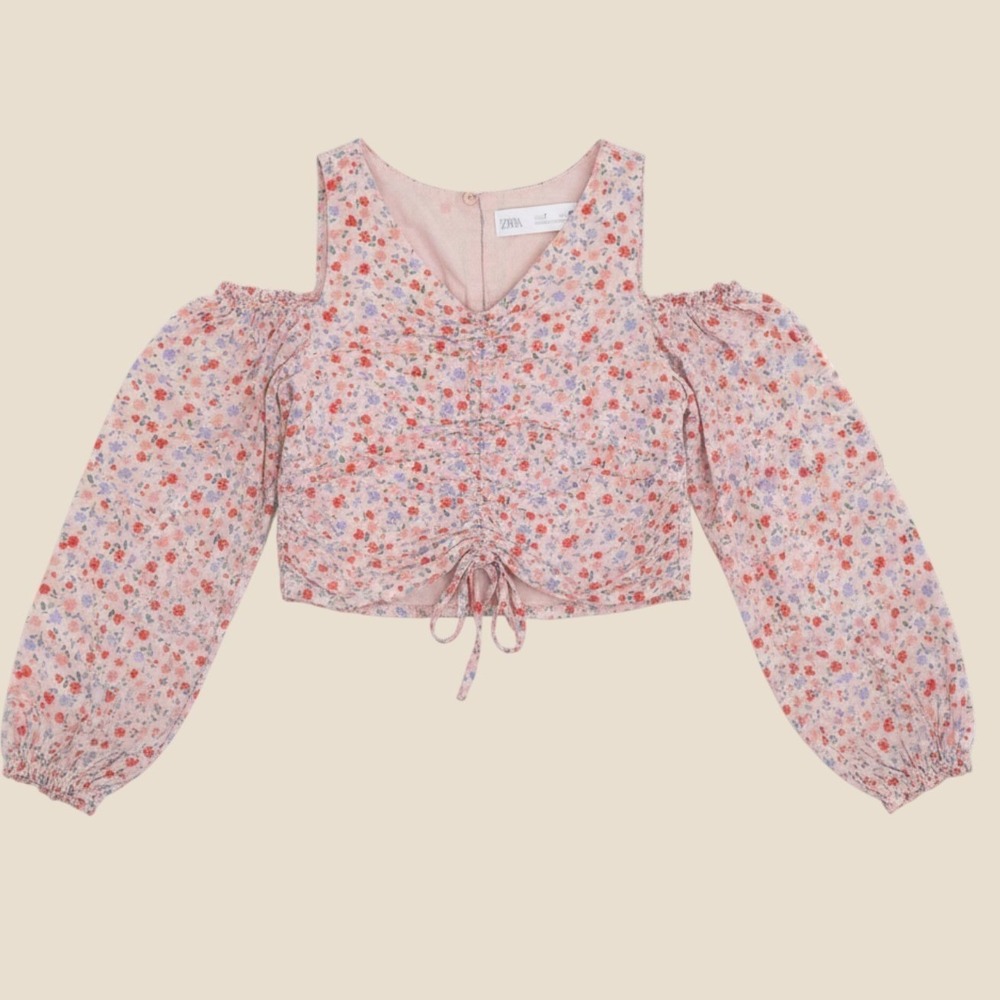Zara Kids Girls Pink Floral Cold Shoulder Ruched Crop Blouse Top Size 7 122cm